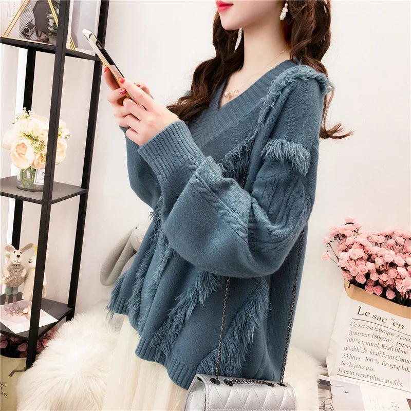 Autumn and winter 2019 new loose show thin foreign style top bottoming knitwear temperament V-Neck Sweater