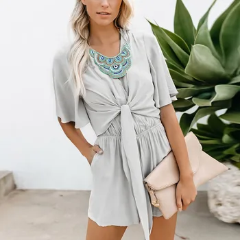 

Fashion Bodysuit For Women Knot Bandage Flare Sleeve Jumpsuit Bodysuit V-Neck Solid Romper Macacao Feminino Dropship J#19