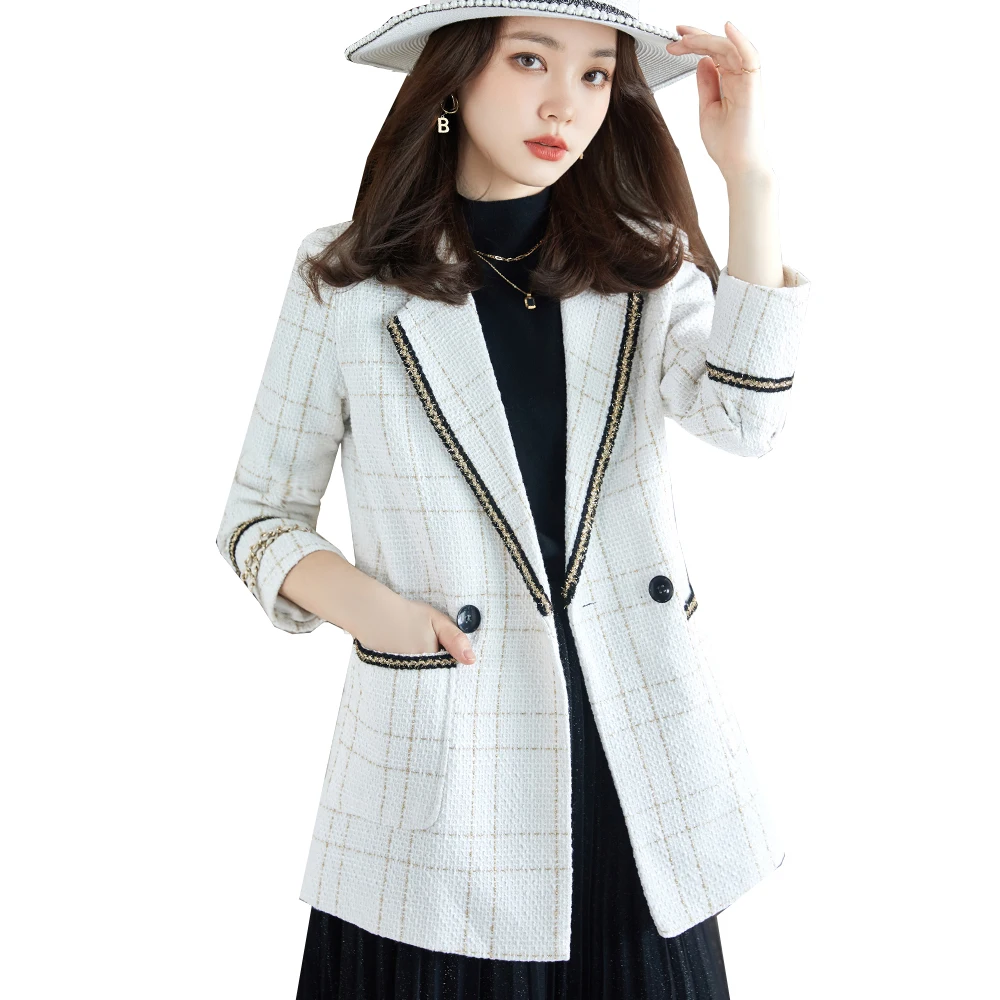 

High Quality Latest Fashion 2021 Designer Ladies Blazer Jacket Women's Single Breasted Black White Plaid Coat With Pockets