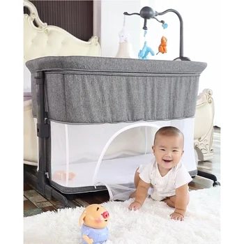 European Style Baby Bed Multifunctional Newborn Solid Wood Bedside Crib Portable Splicable With Mosquito Net storagebag 1