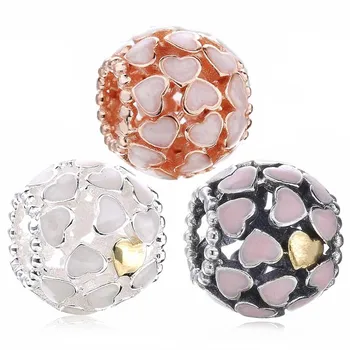 

New 925 Sterling Silver Bead Charm Enamel & Gold Color Openwork Abundance of Love Heart Beads Fit Bracelet DIY Jewelry