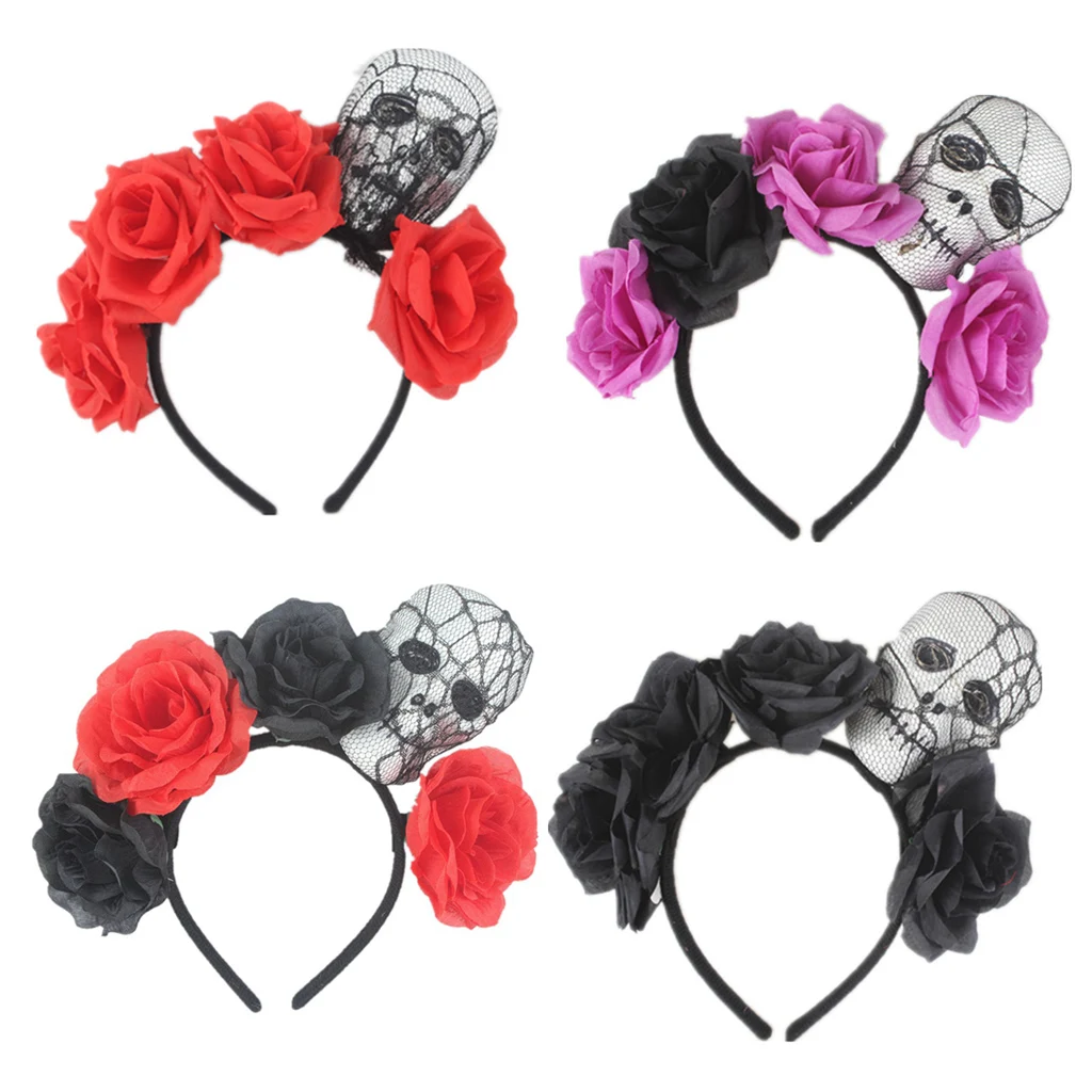 

Adult Kids Halloween Wide Hair Hoop Artificial Rose Flower Skull Skeleton Head LED Light Up Headband Cosplay Party Costume