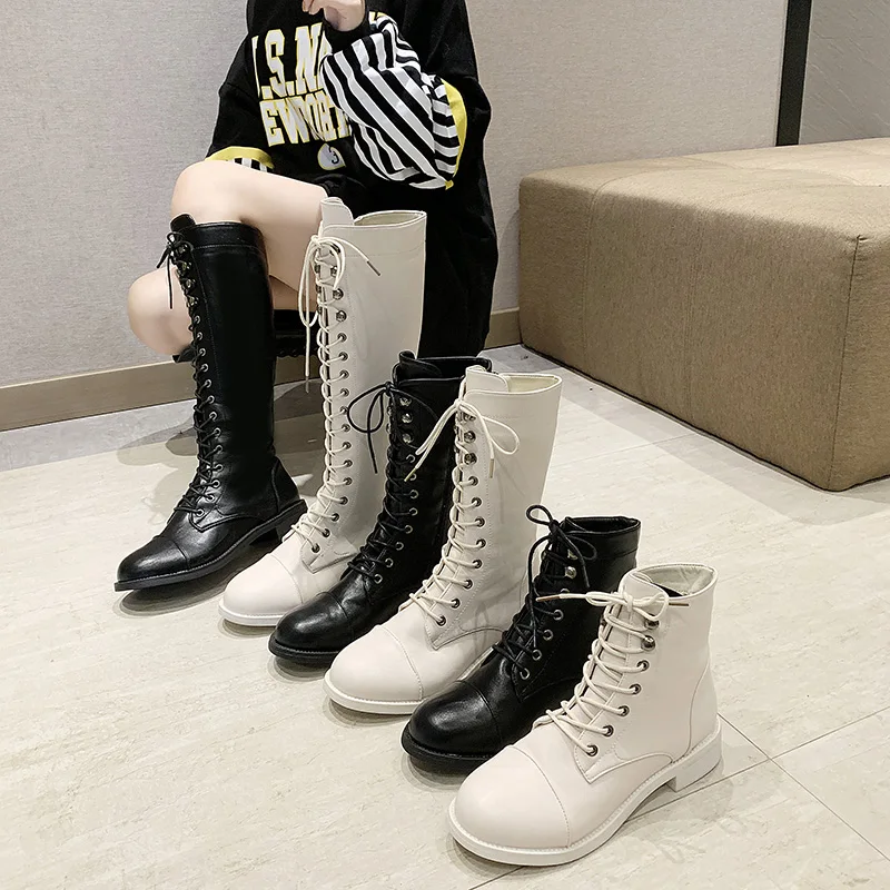 

Lace Up Lady Boots Shoes Low Heels booties Bootee Woman 2019 Winter Women Round Toe Ladies Mid Calf Rubber Rock Riding Round