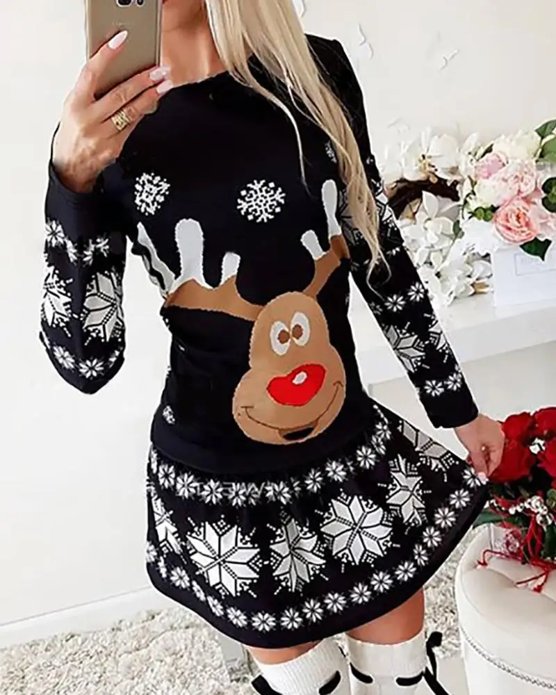

2020 Christmas Moose Snowflake Print Long Sleeve Woman Sweater Dresses Winter MinI Femme Robes