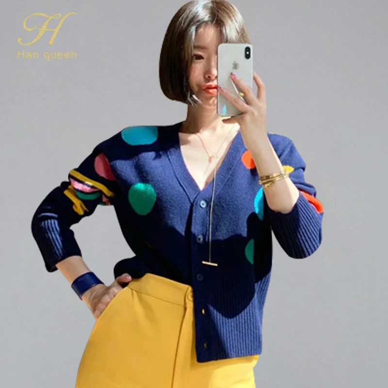 

han queen New Dots Sweater Cardigan Women's 2019 Korean Loose Sweaters Ladies Coat Solid Knitting Cardigan Female Casual Jacket
