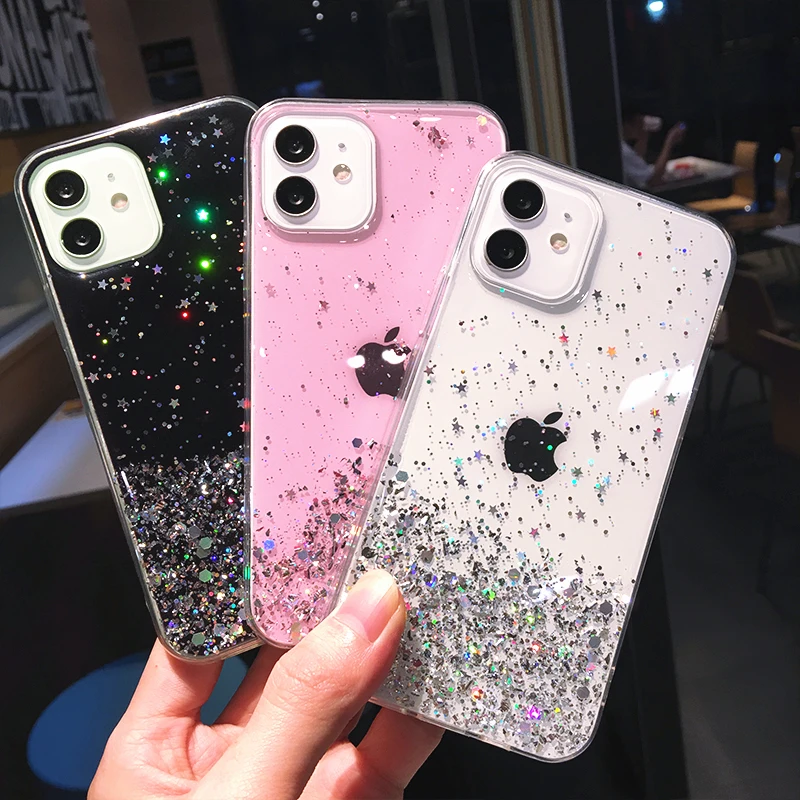 Luxury Glitter Star Sequins Bling Clear Phone Case For iPhone 13 Pro Max 12 Mini 11 XS XR X 7 8 Plus Transparent Soft Back Cover