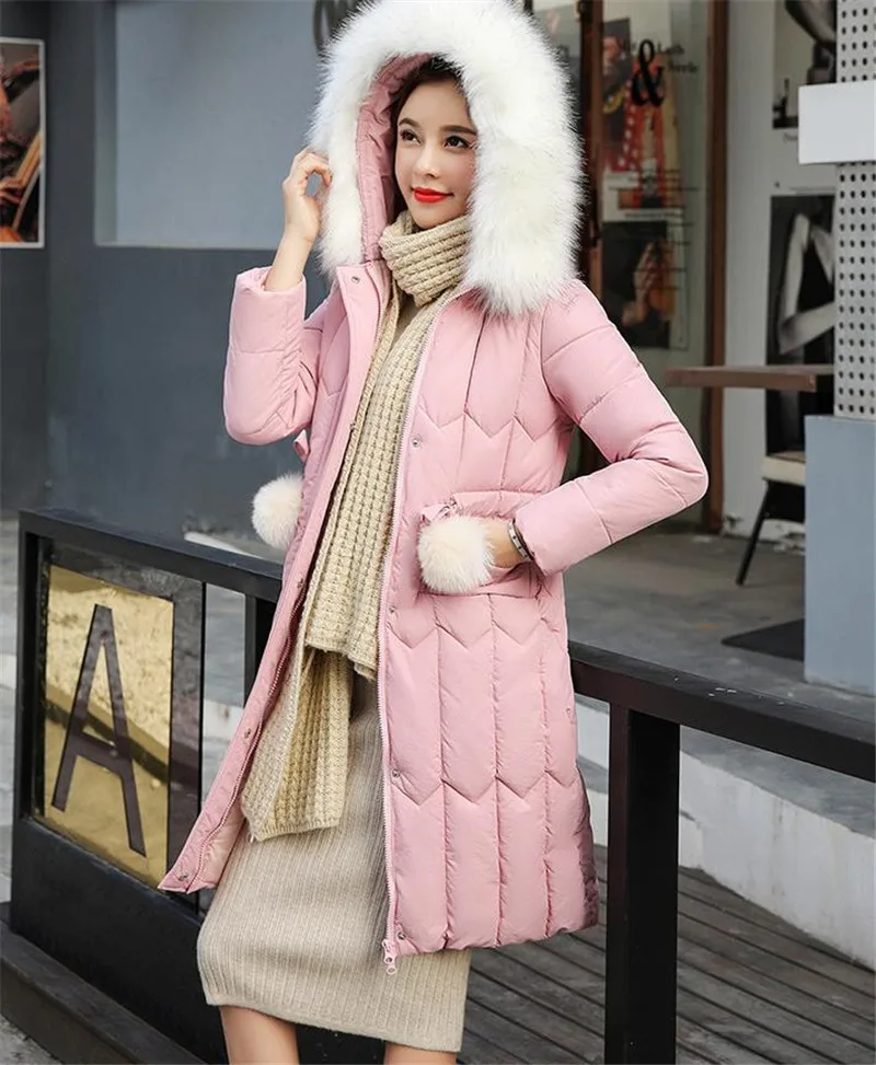 Зимняя куртка для женщин, пуховик, однотонный меховой воротник, с капюшоном, толстая, плюс размер, зимнее пальто, женская длинная парка, теплая верхняя одежда, Femme 35