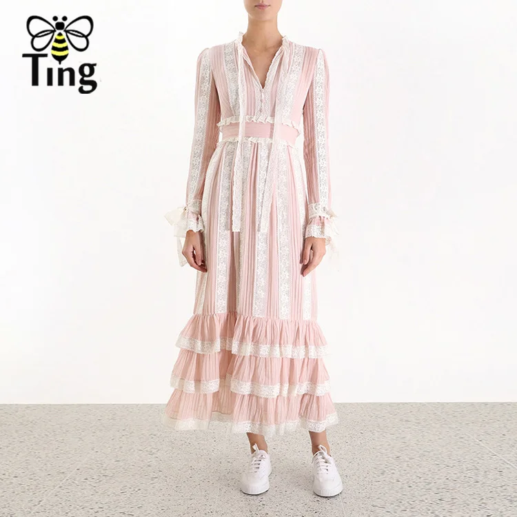 Tingfly для подиума дизайнерское кружевное лоскутное длинное платье винтажное многослойное праздничное платье с оборками с бантом Розовое женское миди длинное платье Новинка