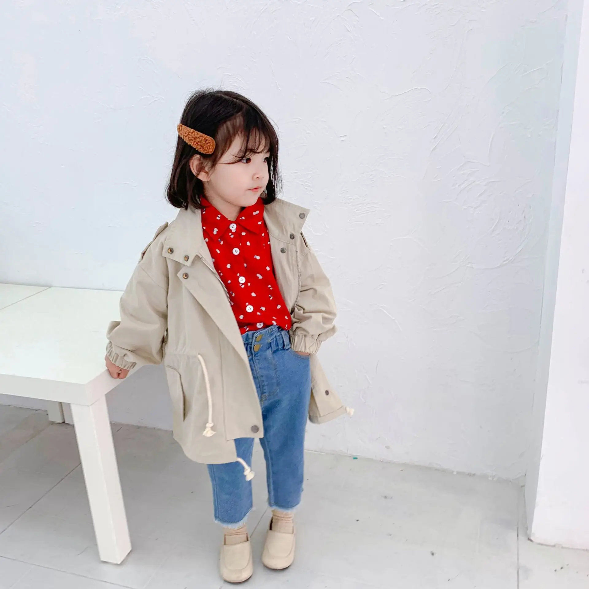 

New autumn Korean style long section long-sleeved stand collar sweet windbreak jacket outerwear for girls