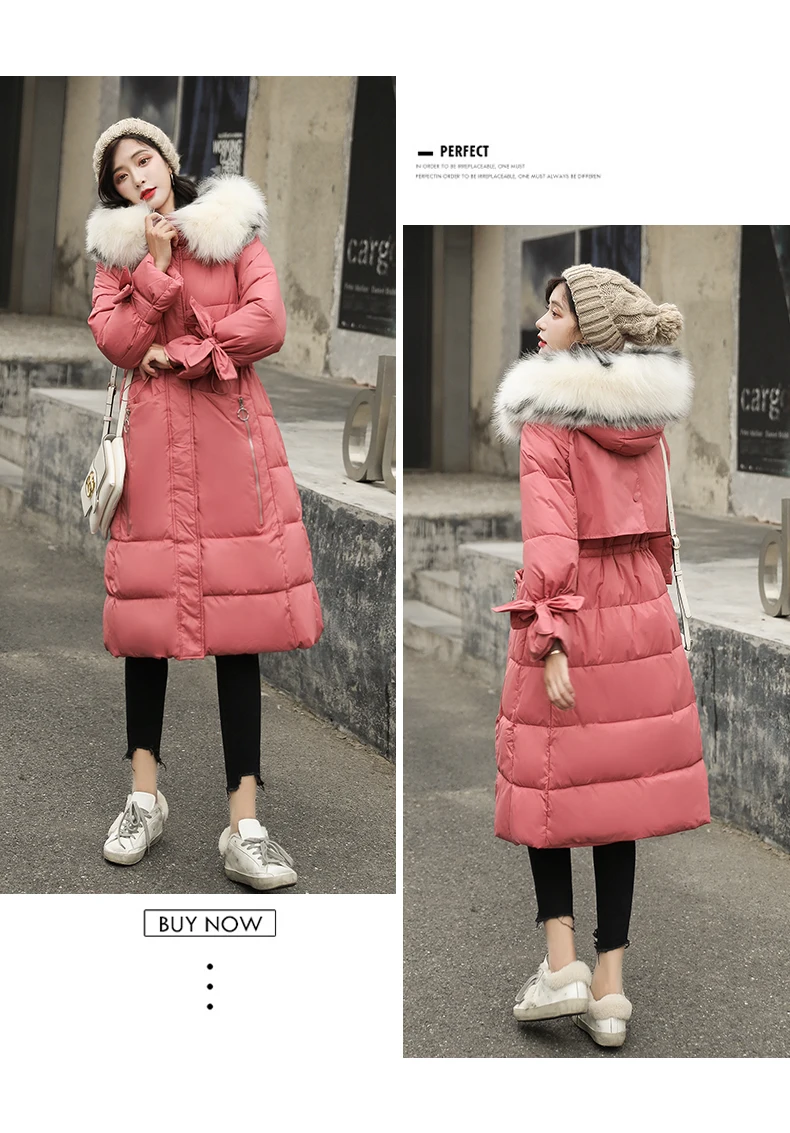 Cotton-padded Clothes Thick over-the-Knee Long Sleeve Slimming Fashion Korean-style High Imitation Large Fur Collar Bow Mid