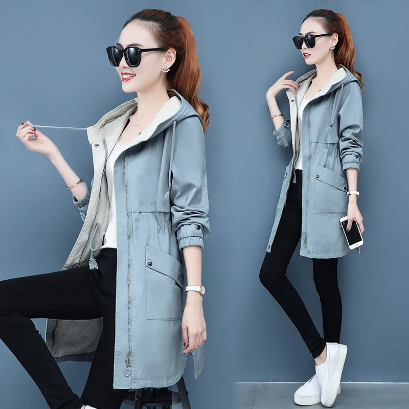 2021 Plus Size Slim Long Hooded Women Windbreaker Casual Zipper Outwear Spring Autumn Korean Fashion Student Trench Coat Female | Женская