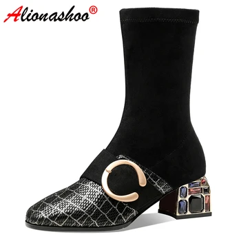 

Aliona Shoo 2020 Spring Autumn Fashion Woman ankle Boots Black Genuine Leather botas mujer Crystal Low Heels Soft Sock Boots 42