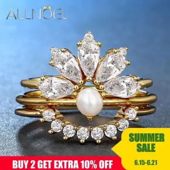 

ALLNOEL Real 925 Sterling Silver Rings Set For Women 9K Gold Plated 5A Zircon Freshwater Wedding Ring Fine Jewelry Bridal Set