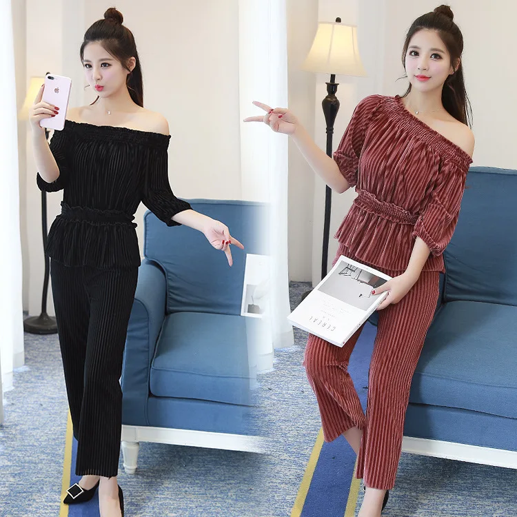

2017 Summer New Style Korean-style Horizontal Neck Leisure Suit Versatile Slimming Straight-leg Pants Two-Piece Women's