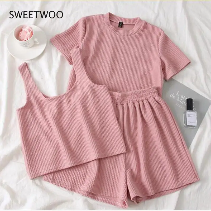 

Женский костюм из трех предметов, розовая футболка с круглым вырезом, шорты, штаны, женский костюм, лето 2021