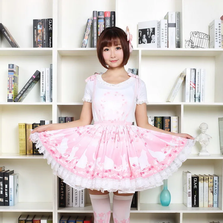 Милые Юбки принцессы в стиле Лолиты; оригинальные мягкие юбки для девочек; розовые плиссированные кружевные юбки в стиле Лолиты с цветком вишни и котом; GZWY064