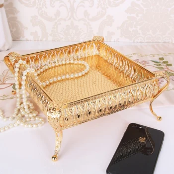 

Square Fruit Tray Serving Dried Nuts Plate Snack Dish Box Dinning Decoration Jewelry Display Holder 20cm -Gold