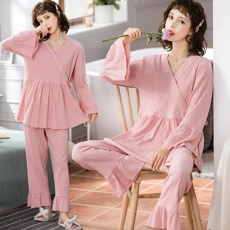

Cute V Neck Button Open for Maternity Mother Nursing Pajamas for Pregnant Women Cotton Pregnancy Feeding Sleepwear Nightwear Set