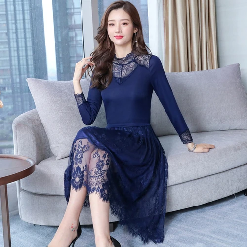 

Spring Lace Stitching Fashion Women Black Dress 2019 New Style Summer Pure Color Xxxl Female Slim Elegant Temperament Dresses