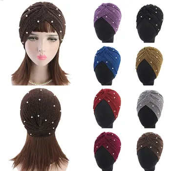 

Fashion Women Plain Hijabs Muslim Shiny Pearls Beaded Mesh Headwrap Hair Lose Turban Headwear Cap Hair Accessories Winter Hats