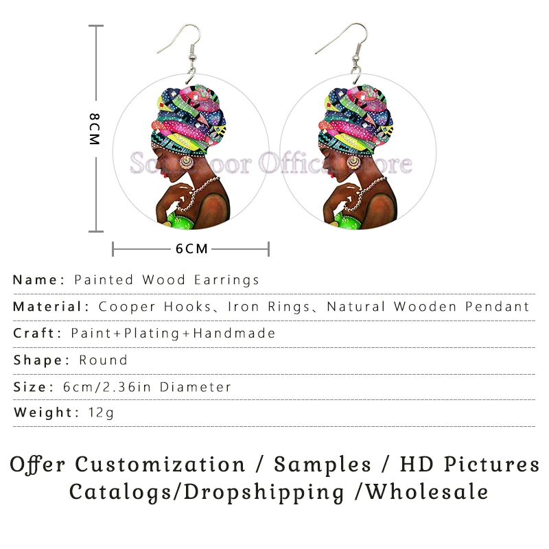 SOMESOOR Beauty Of African Art Paints Wooden Drop Earrings Afro Ethnic Headwrap Black Woman Designs Wood Dangle Jewelry Gifts