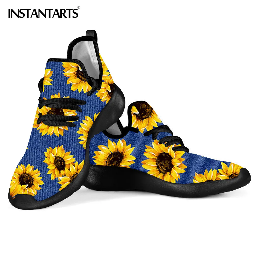 

INSTANTARTS Women Sunflower Printing Mesh Flats Comfortable Female Sneaker Spring/Summer Knit Sneakers Plus Size Loafers Shoes
