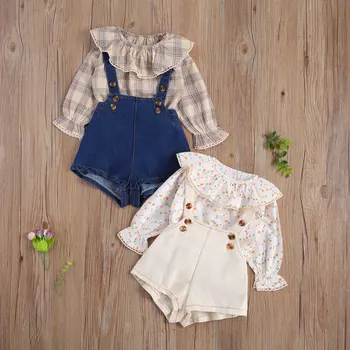 価格 2個かわいい新生児の女の子のカジュアル服ベビーロングスリーブトップスフリル襟チェック柄プルオーバートップス + ショートサスペンダーパンツ服