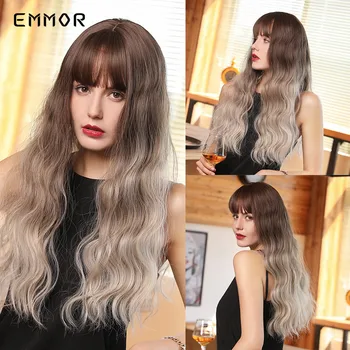 

EMMOR Long Synthetic Wig with Bangs Dark Root Ombre Creamy-white Color Heat Resistant Water Wave Hair Wigs for Women