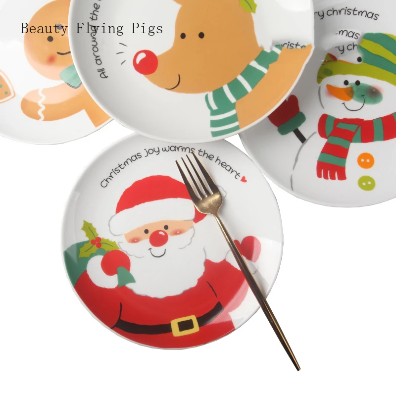 8 inch Christmas Santa Claus round ceramic dish tableware sashimi plate sushi snack cake steak salad storage decorative plate