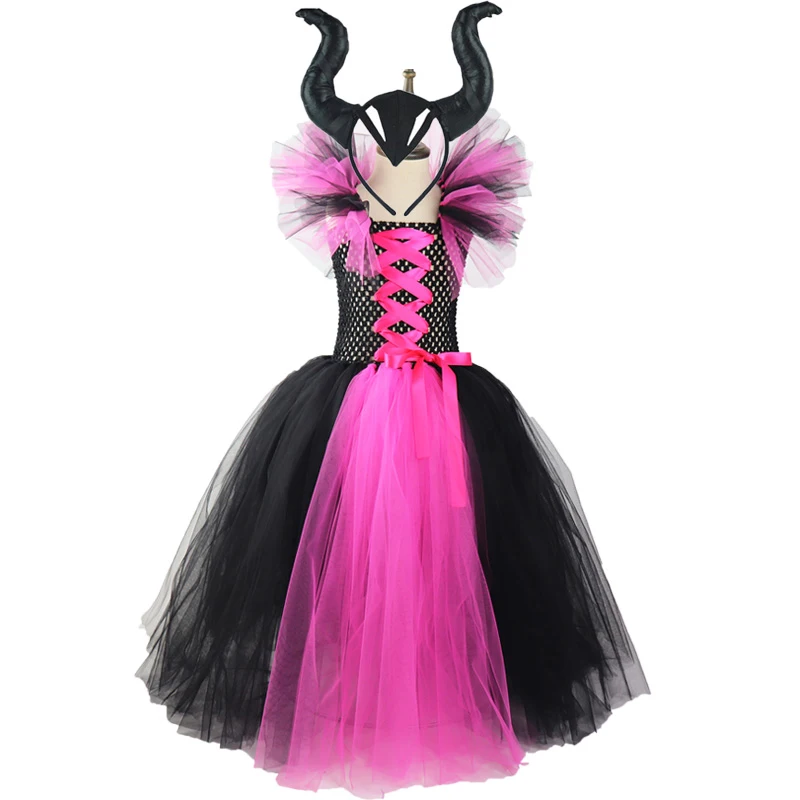 horn dress rose Детский рог, крылья Малефисента, королева, платье-пачка для девочек, костюм на Хэллоуин для детей, рождественские праздничные платья для девочек, детская одежда XX - Цвет: horn dress rose