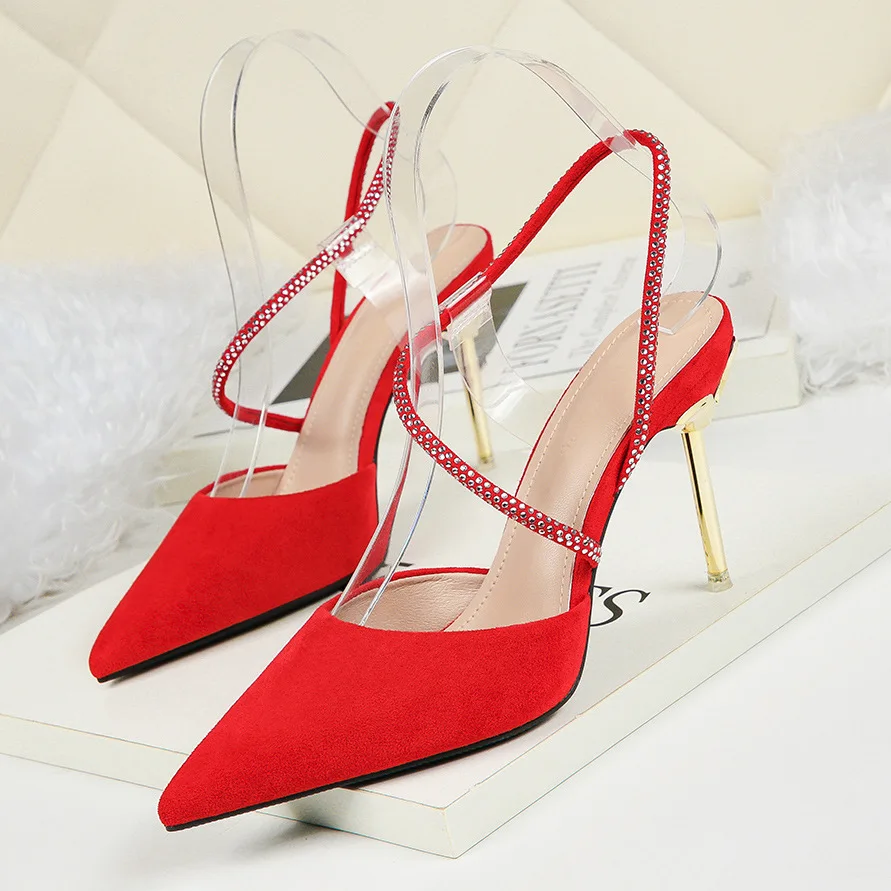 

Sexy summer nude women's shoes pointy suede rhinestone sandals metal stiletto red black seductive heels