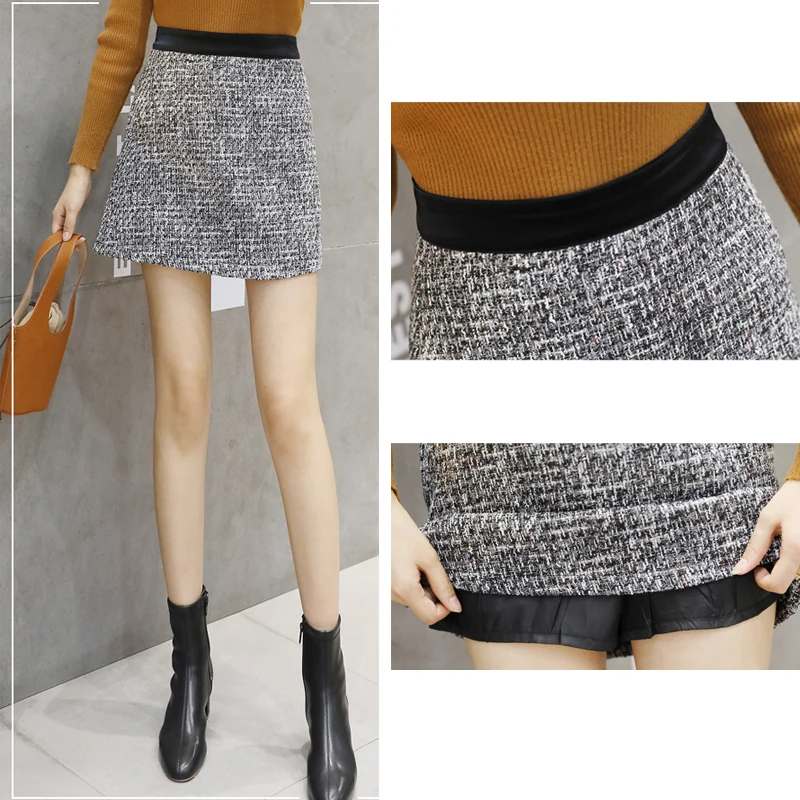 Fashion korean tweed mini skirt autumn wintwer women's black woolen skirts patchwork high waist plaid short skirt faldas mujer