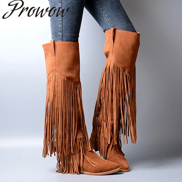 

Prowow Genuine Leather Gladiator Fringe Over The Knee HIgh Thigh High Boots Sexy Pointed Toe Slip On Winter Boots Shoes Women