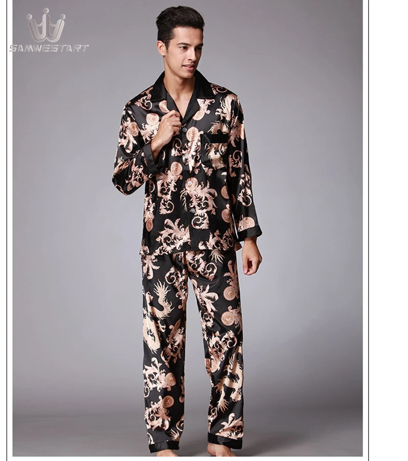 SAMWESTART Men's Stain Silk Pajamas Sets Atumn Winter Male Pajamas Silk Sleepwear Men Sexy Modern Cardigan Style Soft Nightwear