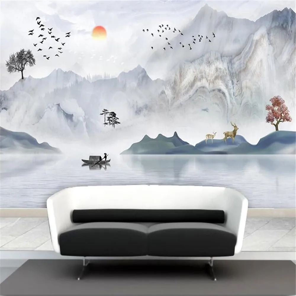 

Milofi professional custom wallpaper mural marble pattern new Chinese artistic conception landscape TV background wall