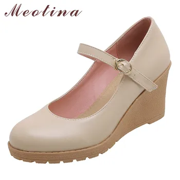 

Meotina High Heels Women Pumps Buckle Wedge High Heels Mary Janes Shoes Elegant Round Toe Shoes Ladies Spring 2020 Big Size 43