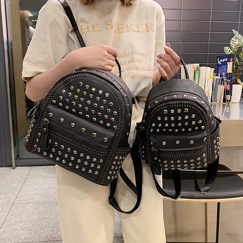 

Punk Style Leather Backpack for Women Small Rivet Back Pack Female Solid Color School Backpack for Teenager Girls Travel Packbag