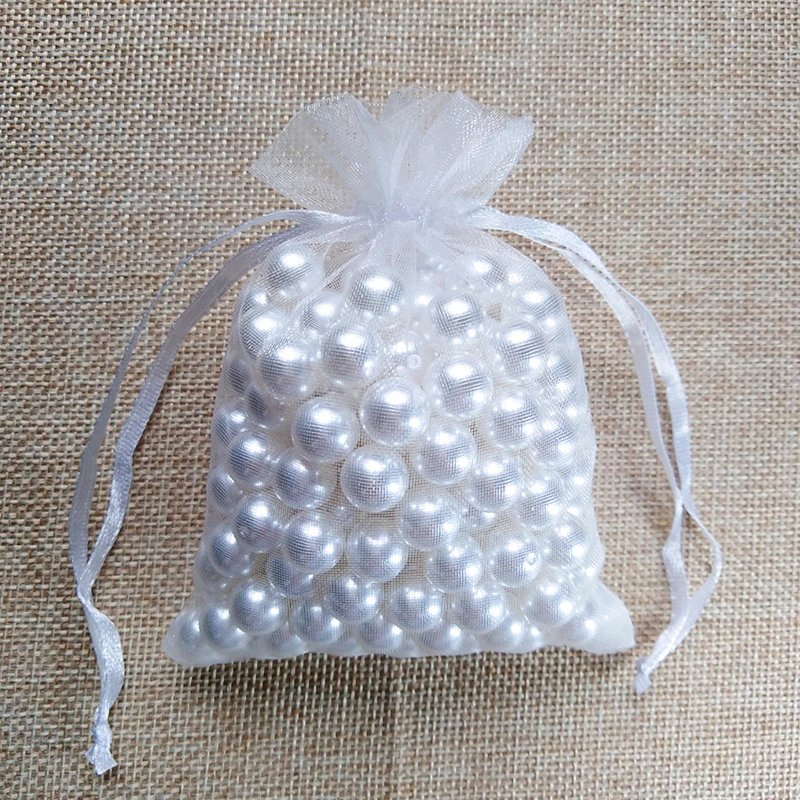 50 шт./лот, 5x7x9, 9x12, 10x15 см, сумки из органзы для упаковки ювелирных изделий, сумки для украшения свадебной вечеринки, сумки для подарков, 24 цвета - Цвет: white
