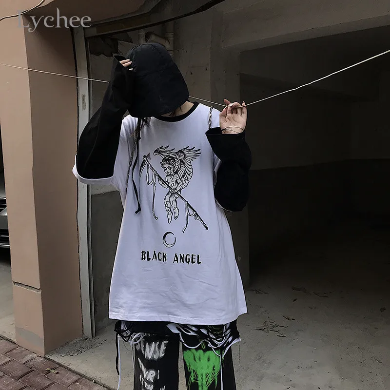 Lychee Harajuku, женская футболка с буквенным принтом ангела, топ, футболка, поддельные, 2 штуки, женские футболки, топы, футболки, пэчворк, с круглым вырезом, женские футболки
