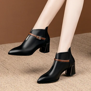 

Party Office shoes Women boots genuine Leather Women Autumn Winter High Heels Shoes Woman Shallow buckle dress party shoes