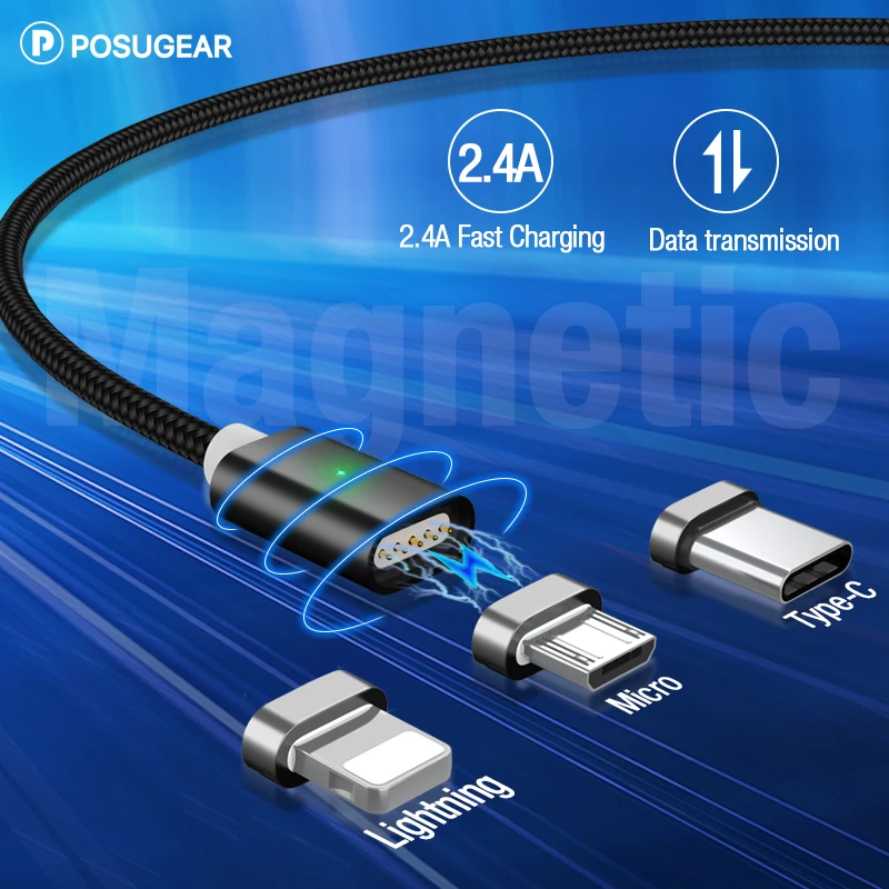 

Posugear Magnetic 3 In 1 Cable Fast Charging USB Type C & Micro 1M iphone Cable Magnet Charger Cable For iphone Samsung xiaommi