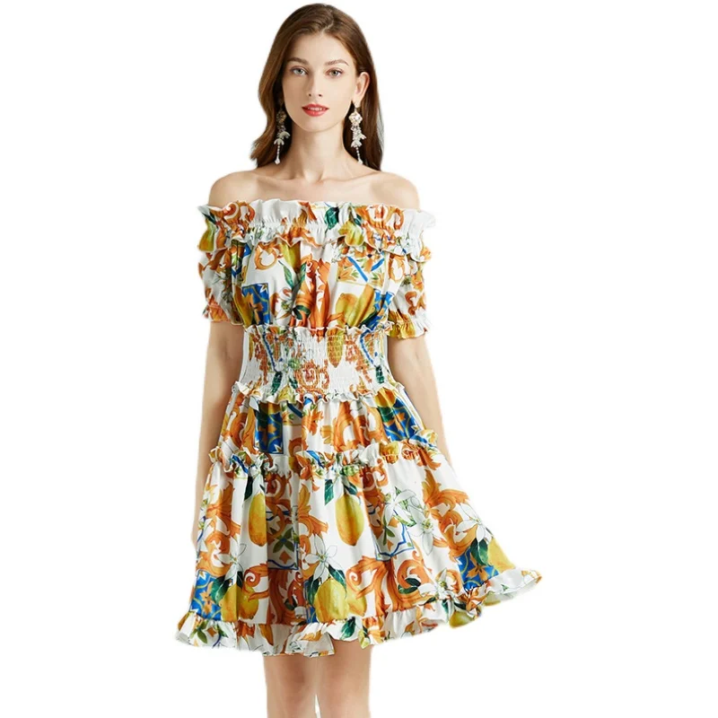 

New Summer Women Sexy Slash Neck Off Shoulder Elastic Waist Slim Mini Dress Fashion Lemon Print Ruffles Elegant Dress