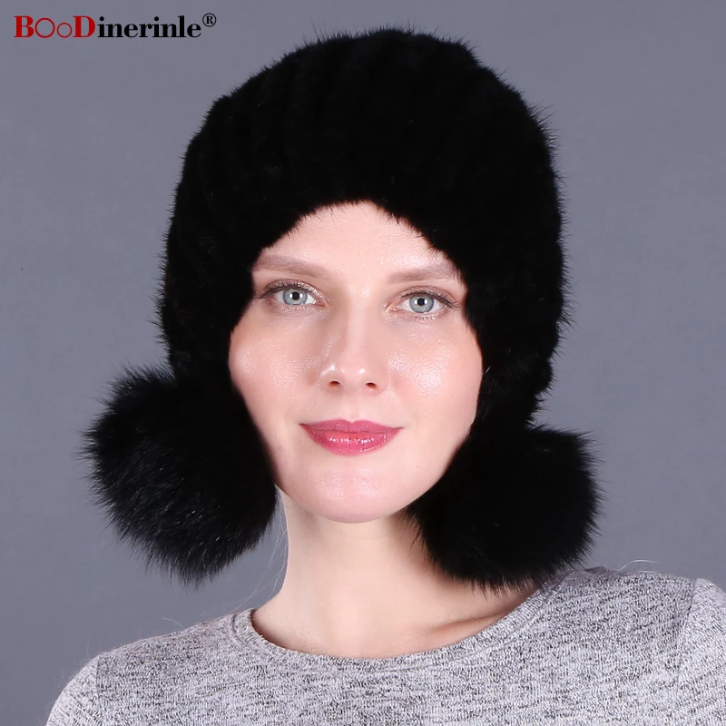 Зимняя женская шапка BOoDinerinle, Толстая Теплая Вязаная Шапка-бини для женщин, зимняя шапка из меха норки с помпоном, меховая шапка с ушками