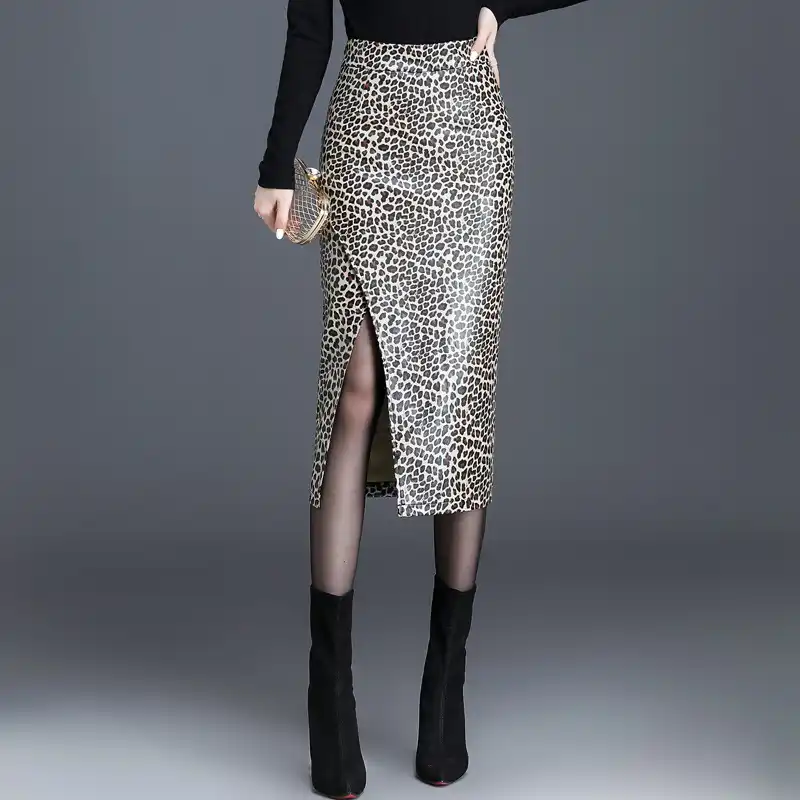 leopard print leather skirt