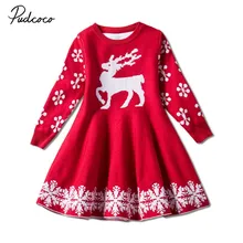 Брендовое От 2 до 6 лет рождественское детское платье с длинными рукавами и рисунком оленя для маленьких девочек, свитер весенне-зимнее вязаное праздничное платье принцессы