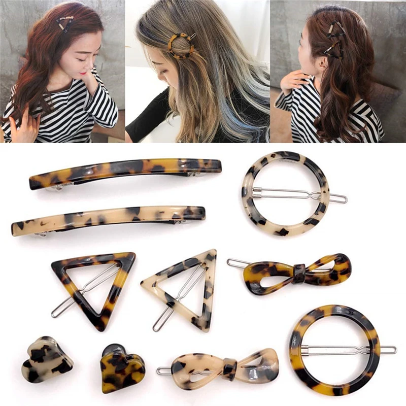 

2019 New Japan Style Amber Acrylic Hair Clips Geometric Round Hairpin Leopard Heart Shape Women Hair Acccessories Barrettes