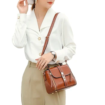 

Vintage Women Textured Oil Wax Leather Bag Ladies Shoulder Bags Boston Style Clamshell Daily Tote Bags