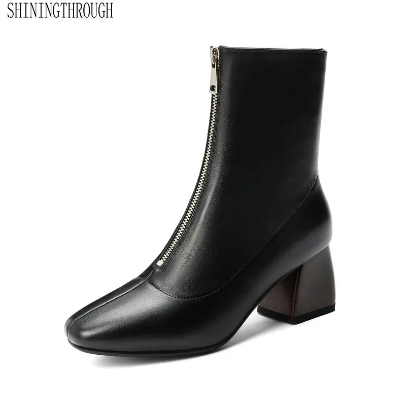 

2020 Genuine Leather New Ankle Women Boots Zipper Restoring Ancient Ways Square Toe High Heel Autumn Winter Ladies Party Shoes