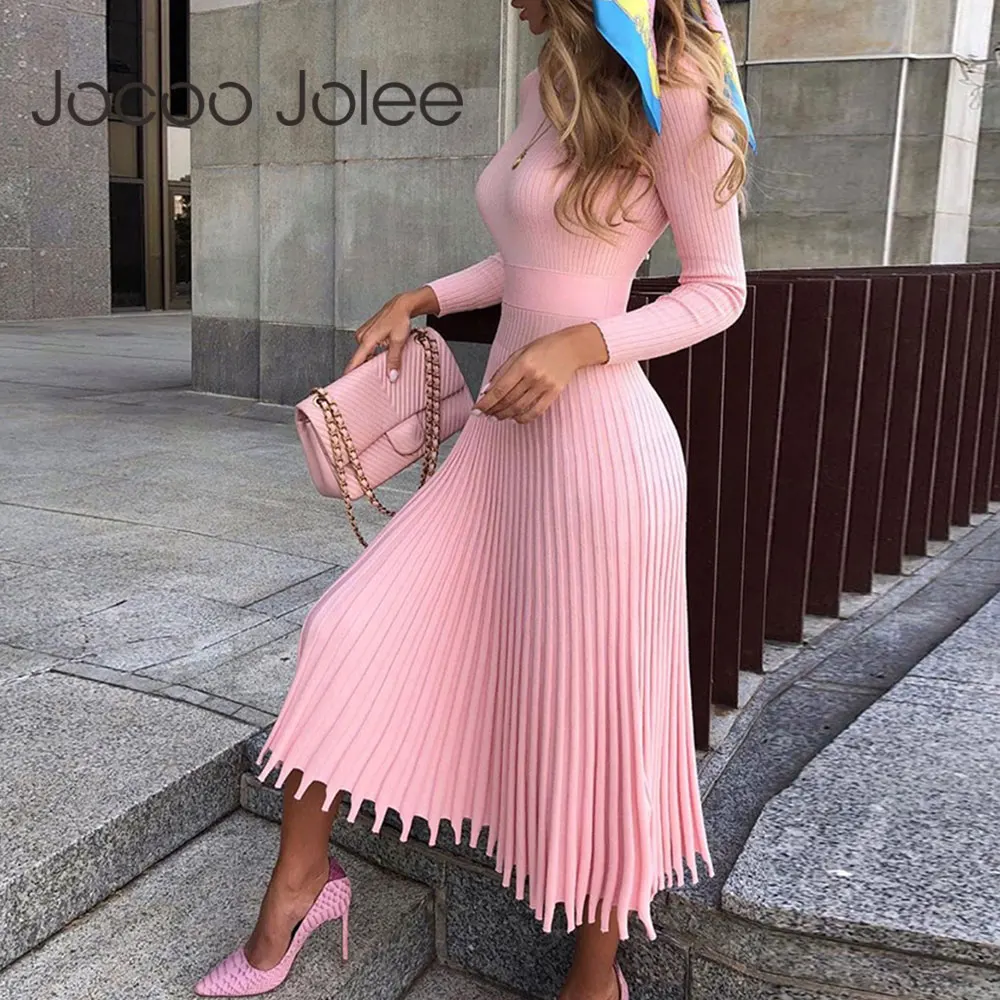 Jocoo Jolee, элегантные вечерние платья-свитера в складку, женское осенне-весеннее трикотажное длинное платье, одноцветные ребристые платья стройного размера плюс