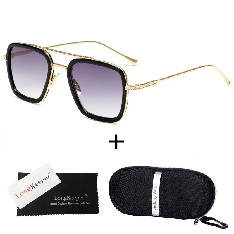 Fashion Avengers Tony Stark Sunglasses Men Metal Square iron man Glasses Steampunk Sun Glasses with case Male Pilot Gafas - Цвет линз: C4Gold Grad Grey